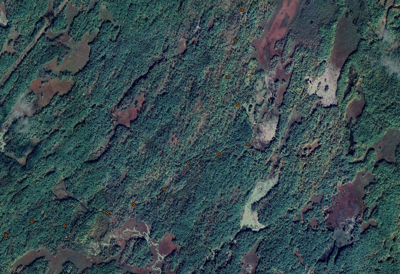 Precambrian terrain in central Ontario showing broadcast locations on a fire route