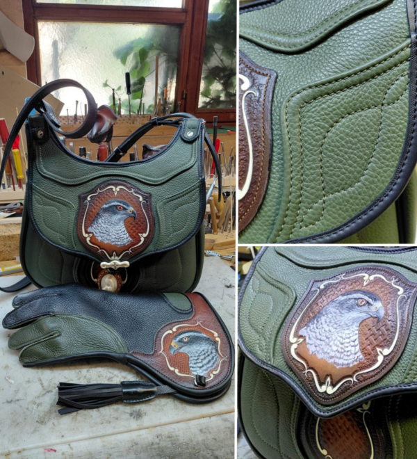 Milan Vuckovic hand crafted hawking bag and falconry glove. 